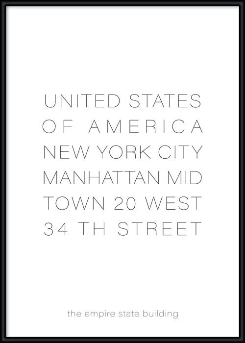 Typografie-Poster, gerahmt, mit der Adresse des Empire State Building, New York
