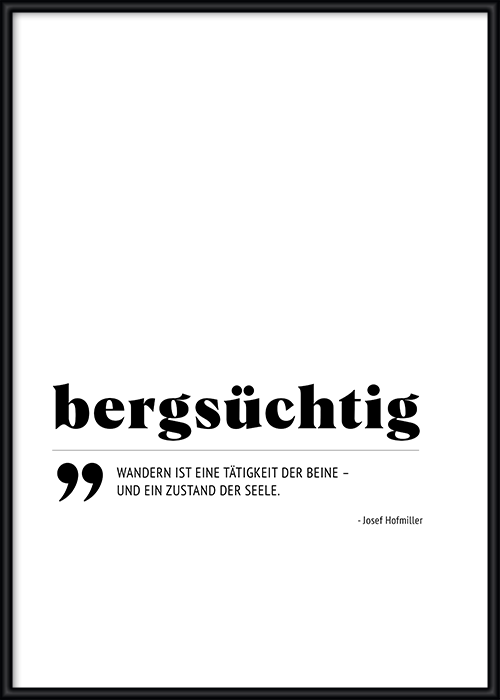 Typografie-Poster, gerahmt, zum Thema Berge mit Zitat von Josef Hofmiller