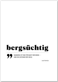 Typografie-Poster mit dem Wort "Bergsüchtig" und einem Zitat von Josef Hofmiller