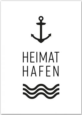 Typografieposter mit dem Aufdruck Heimathafen und grafischen Wellen auf weißem Hintergrund