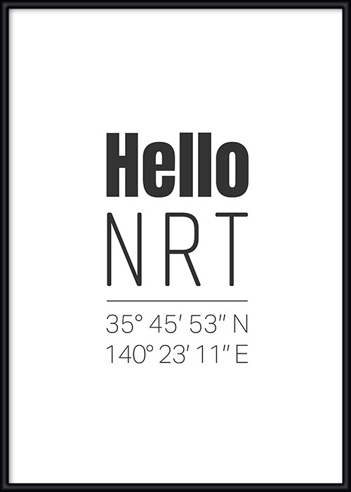Typografie-Poster, gerahmt, mit den Koordinaten des Tokio Airport NRT