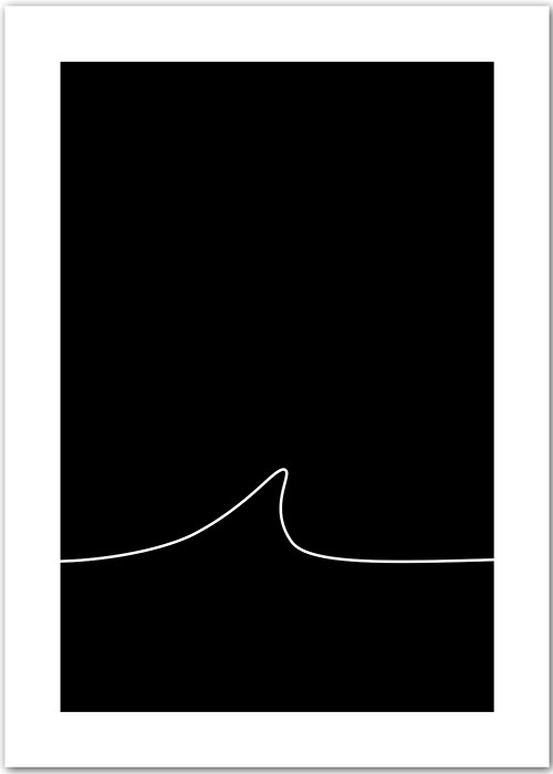 Minimalistisches Grafik-Poster mit einer weißen Welle auf Schwarz