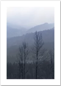 Poster mit Silhouette von Bäumen vor einem Bergwald in grau-blauer Farbstimmung