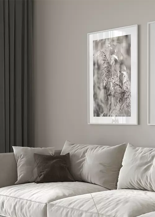 Poster mit trockenen Gräsern in herbstlicher Stimmung über einem Sofa