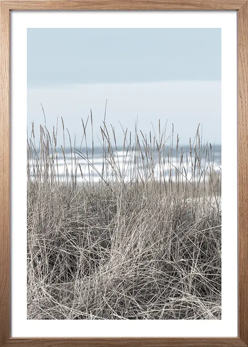 Poster mit Blick durch Dünengras auf das Meer im Hintergrund mit einem Rahmen in Eiche