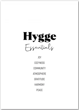 Poster mit Typografie, welches die wichtigsten "Zutaten" für Hygge aufzählt