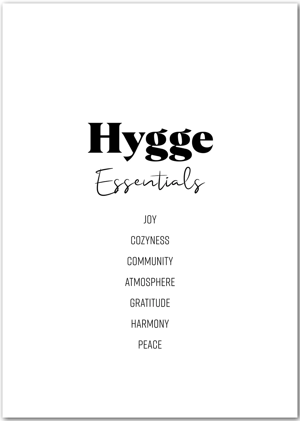 Poster mit Typografie, welches die wichtigsten "Zutaten" für Hygge aufzählt Poster mit Typografie, welches die wichtigsten "Zutaten" für Hygge aufzählt