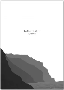 Poster mit einer grafischen Darstellung der Steilküste von Loenstrup, Dänemark, in grau