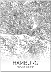 Poster mit Karte von Hamburg und Koordinaten in weiß-schwarz