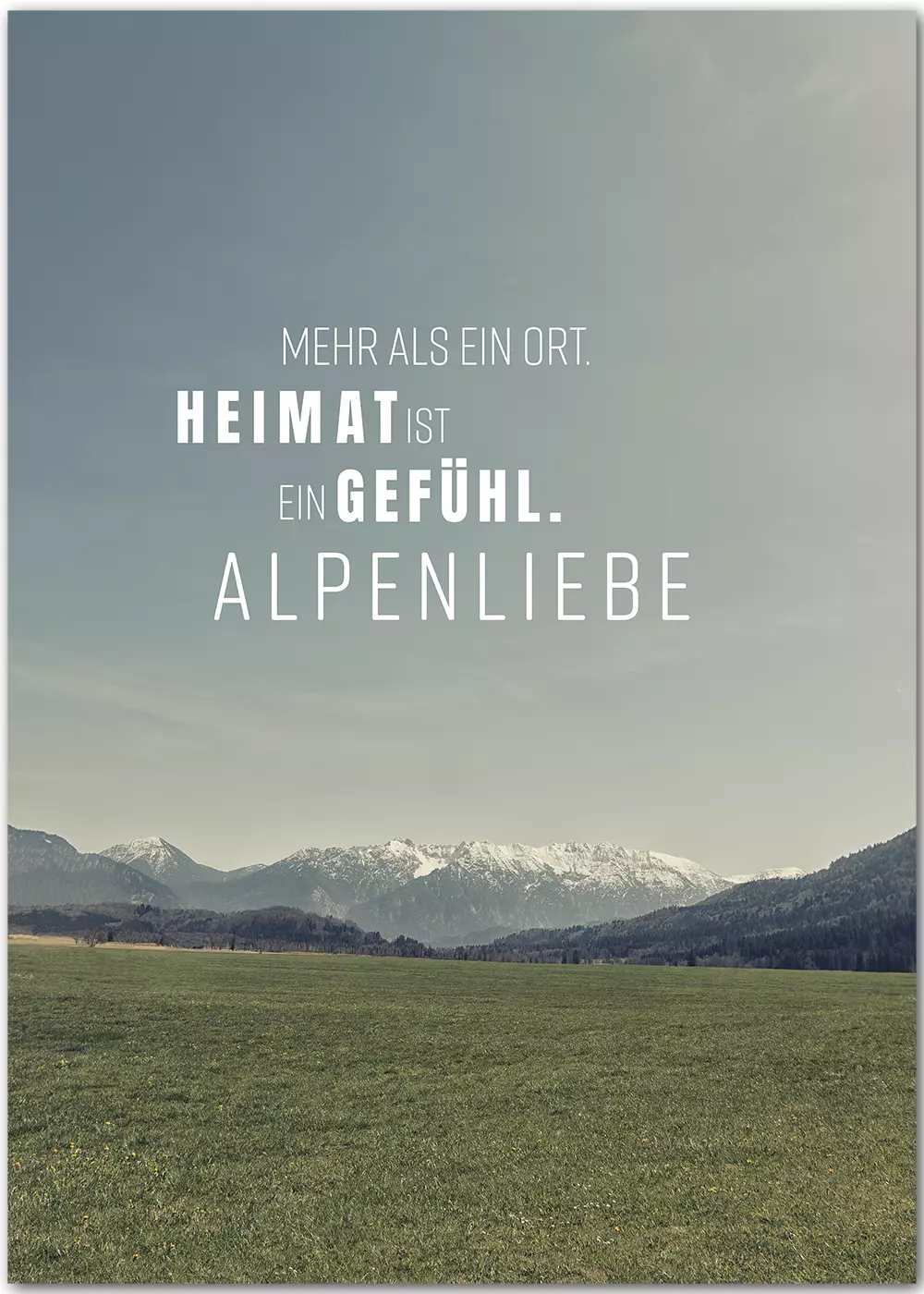 Poster mit Blick über eine Wiese auf die Berge im Hintergrund und Motivationsspruch