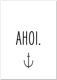 Poster mit Typografie "AHOI." und Anker in schwarz-weiß