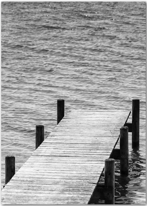 Poster mit Bootssteg auf einen See hinaus in schwarz-weiß