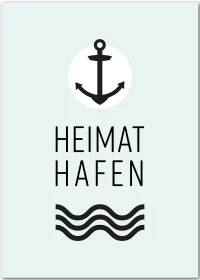 Poster als Typografie mit dem Aufdruck Heimathafen, einem Anker und grafischen Wellen auf eisblauem Hintergrund