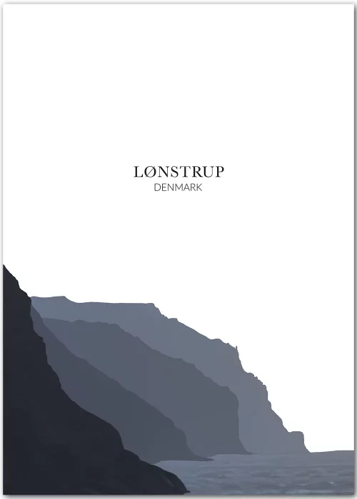 Poster mit grafischer Darstellung der Steilküste von Loenstrup, Dänemark, in blau-grau