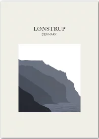 Poster mit einer grafischen Darstellung der Steilküste von Loenstrup, Dänemark, beige eingerahmt, mit Typografie