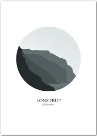 Poster mit grafischer Darstellung der Steilküste von Loenstrup, Dänemark, im Kreis in grau