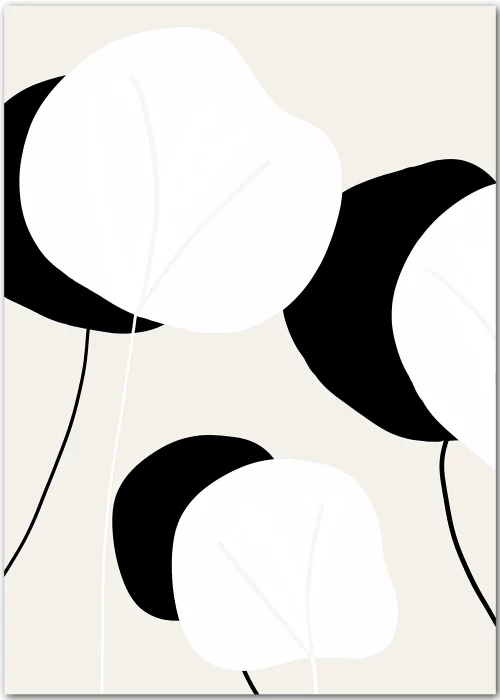 Poster mit abstrakten Blumen in schwarz und weiß mit einem Hintergrund in greige