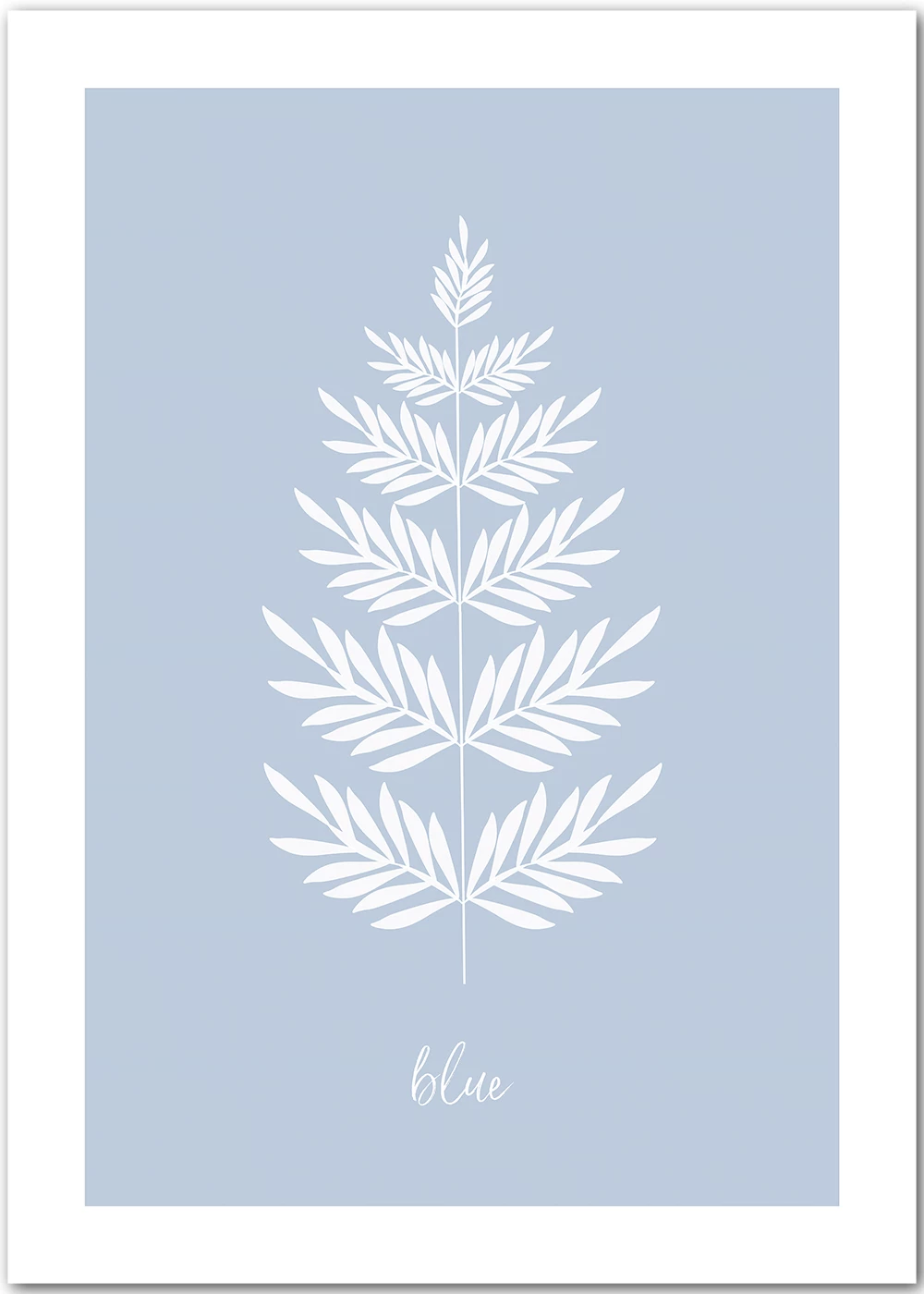 Poster mit einem grafischen weißen Farn auf blauem Hintergrund