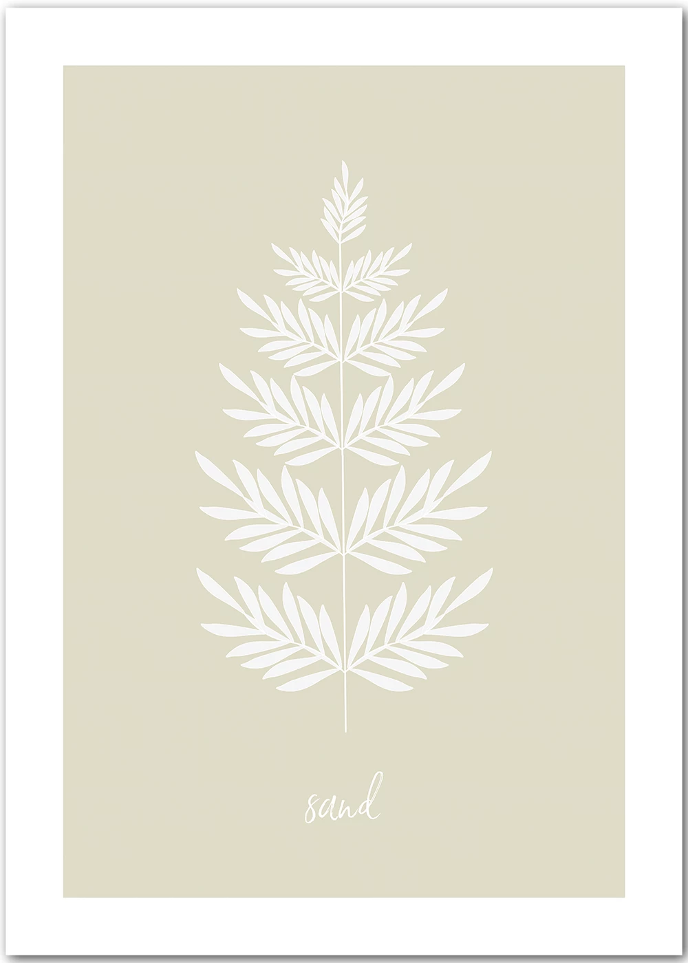 Poster mit einem grafischen weißen Farn auf sandfarbenem Hintergrund Poster mit einem grafischen weißen Farn auf sandfarbenem Hintergrund