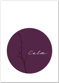 Poster in minimalistischem Japandi-Style mit einem schwarzen Zweig und dem Wort Calm vor einem weinroten Kreis