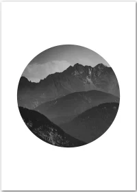 Poster mit stylisher Abbildung von Bergen in einem Kreis