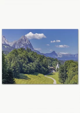Poster mit Blick auf die Berge Wamberg, Waxenstein und Zugspitze