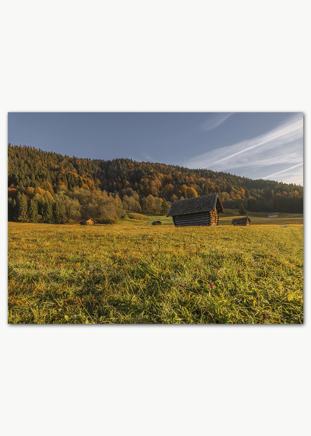 Poster mit einer herbstlichen Bergwiese und Schuppen