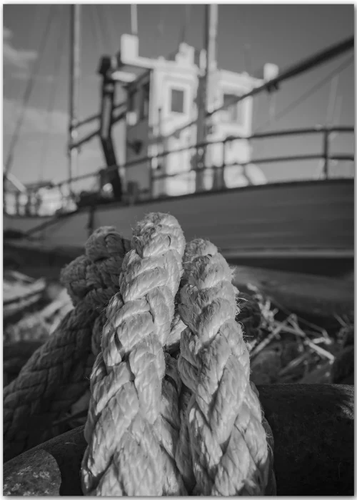 Poster in Schwarz-Weiß mit einem Schiffstau in Großaufnahme vor einem Boot im Hintergrund