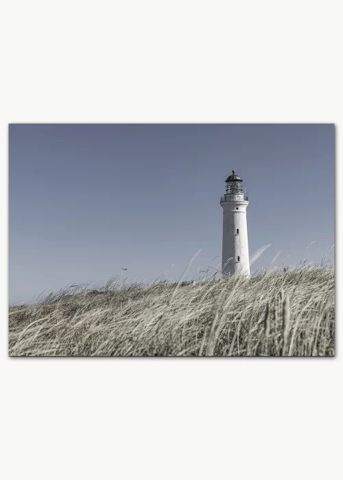 Poster mit einem weißen Leuchtturm in den Dünen Dänemarks