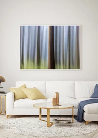 Hochwertiges Poster in weißem Rahmen mit einer Kunstfotografie von Bäumen im Wald über einem Sofa