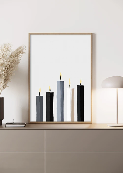 Inspiration - Hochwertiges Poster, Eiche Rahmen, mit brennenden Kerzen für echtes Hygge-Feeling.