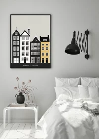 Inspiration – Poster Kopenhagen Nyhavn abstrakt in reduzierter Farbstimmung, aufgehängt in einem Schlafzimmer.