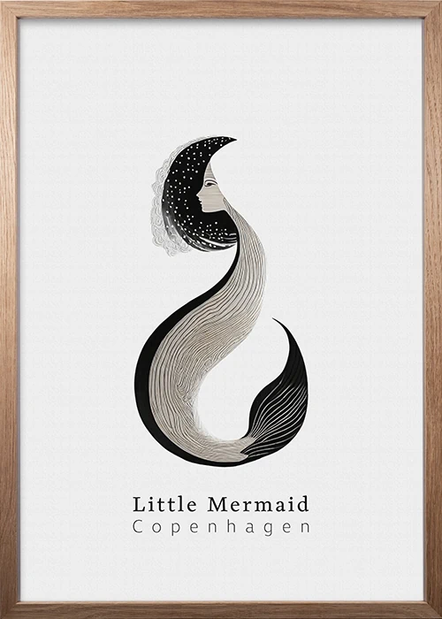 Hochwertiges Poster, Rahmen Eiche, mit Little Mermaid, die kleine Meerjungfrau, das Wahrzeichen von Kopenhagen.