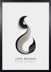 Hochwertiges Poster, schwarzer Rahmen, mit Little Mermaid, die kleine Meerjungfrau, das Wahrzeichen von Kopenhagen.