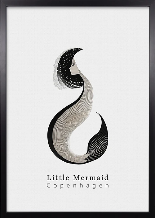 Hochwertiges Poster, schwarzer Rahmen, mit Little Mermaid, die kleine Meerjungfrau, das Wahrzeichen von Kopenhagen.