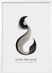 Hochwertiges Poster, weißer Rahmen, mit Little Mermaid, die kleine Meerjungfrau, das Wahrzeichen von Kopenhagen.