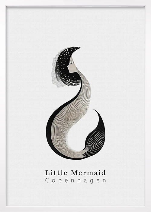 Hochwertiges Poster, weißer Rahmen, mit Little Mermaid, die kleine Meerjungfrau, das Wahrzeichen von Kopenhagen.