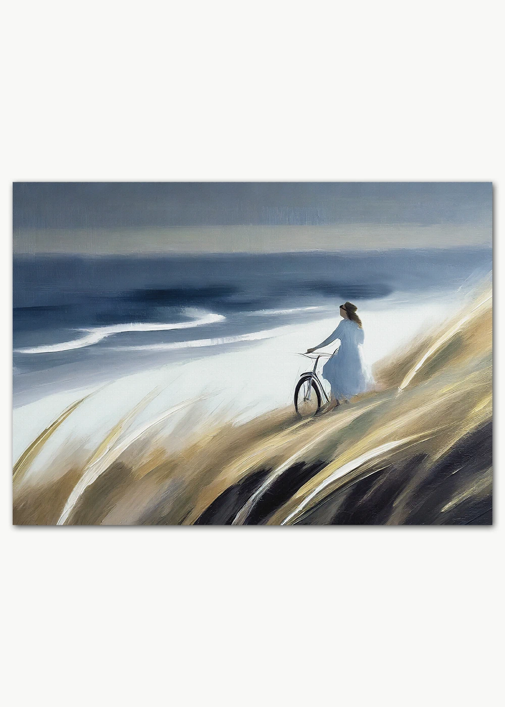 Hochwertiges Poster, Frau mit Fahrrad am Strand. Hochwertiges Poster, Frau mit Fahrrad am Strand.