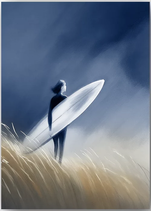 Poster mit einer Surferin in den Dünen, der Himmel ist stürmisch.