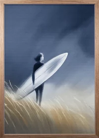Poster, Eiche Rahmen, mit einer Surferin in den Dünen, der Himmel ist stürmisch.