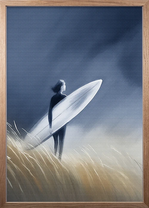 Poster, Eiche Rahmen, mit einer Surferin in den Dünen, der Himmel ist stürmisch.