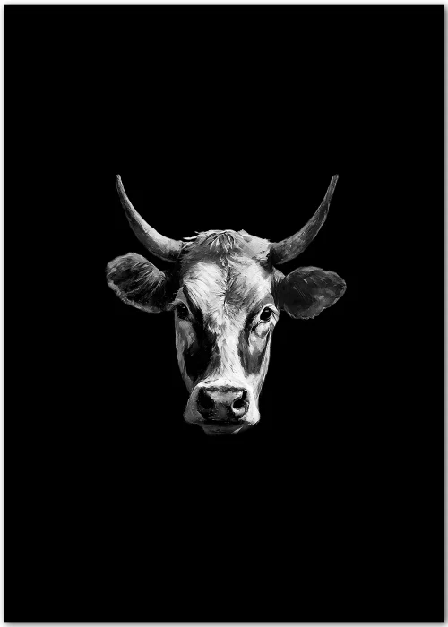 Hochwertiges Poster mit einem Kuhporträt in Schwarz-Weiss.