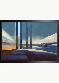 Premiumposter, schwarzer Rahmen, mit abstraktem Gemälde von einem Flughafenterminal. Premiumposter, schwarzer Rahmen, mit abstraktem Gemälde von einem Flughafenterminal.