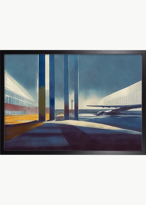 Premiumposter, schwarzer Rahmen, mit abstraktem Gemälde von einem Flughafenterminal. Premiumposter, schwarzer Rahmen, mit abstraktem Gemälde von einem Flughafenterminal.