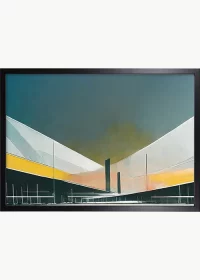 Premiumposter, schwarzer Rahmen, mit einem abstrakten Flughafenterminal.