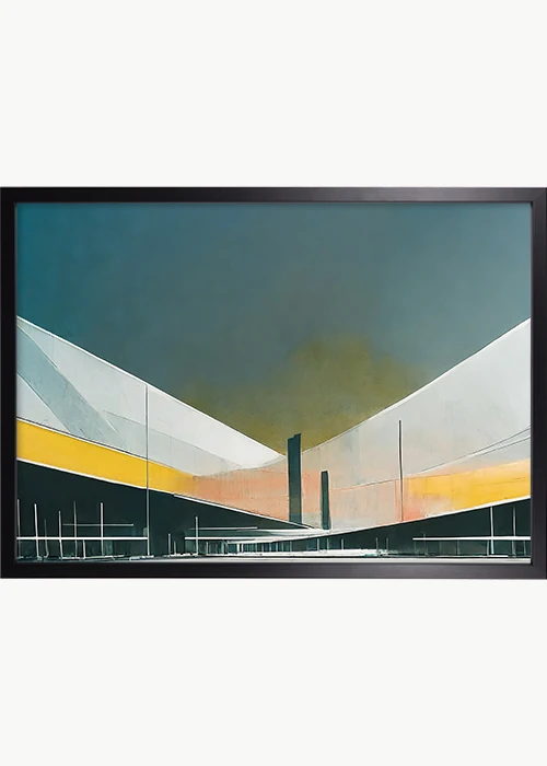 Premiumposter, schwarzer Rahmen, mit einem abstrakten Flughafenterminal.
