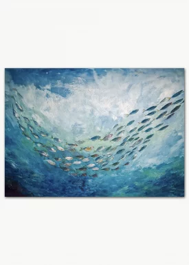 Premiumposter – Grafikmotiv mit einem Fischschwarm im opelblauen Meer.