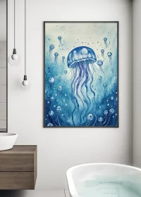 Inspiration – Premiumposter mit einem grafischen Motiv einer blauen Qualle - Jellyfish, aufgehängt in einem Badezimmer.