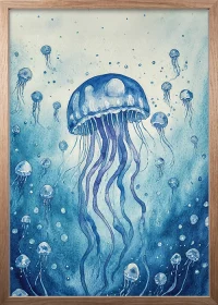 Premiumposter, Eiche Rahmen, mit einem grafischen Motiv einer blauen Qualle - Jellyfish.