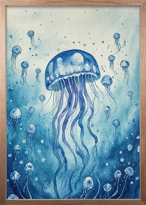 Premiumposter, Eiche Rahmen, mit einem grafischen Motiv einer blauen Qualle - Jellyfish.